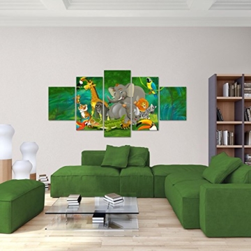 Bilder Kinder Afrika Tiere Wandbild 200 x 100 cm Vlies - Leinwand Bild XXL Format Wandbilder Wohnzimmer Wohnung Deko Kunstdrucke Grün 5 Teilig -100% MADE IN GERMANY - Fertig zum Aufhängen 001851a - 4