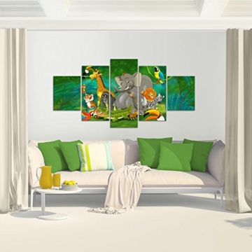 Bilder Kinder Afrika Tiere Wandbild 200 x 100 cm Vlies - Leinwand Bild XXL Format Wandbilder Wohnzimmer Wohnung Deko Kunstdrucke Grün 5 Teilig -100% MADE IN GERMANY - Fertig zum Aufhängen 001851a - 5