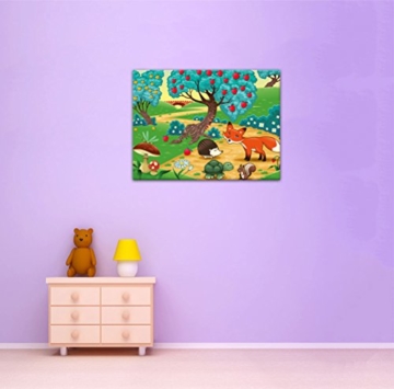 Bilderdepot24 Kunstdruck - Kinderbild Tiere im Wald - Bild auf Leinwand - 120x90 cm einteilig - Leinwandbilder - Bilder ALS Leinwanddruck - Wandbild Kinder - farbenfrohe Waldidylle mit Tieren - 3