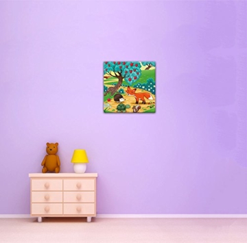 Bilderdepot24 Kunstdruck - Kinderbild Tiere im Wald - Bild auf Leinwand - 40x40 cm einteilig - Leinwandbilder - Bilder ALS Leinwanddruck - Wandbild Kinder - farbenfrohe Waldidylle mit Tieren - 3