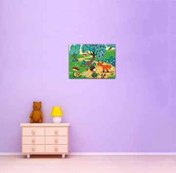 Bilderdepot24 Kunstdruck - Kinderbild Tiere im Wald - Bild auf Leinwand - 70x50 cm einteilig - Leinwandbilder - Bilder ALS Leinwanddruck - Wandbild Kinder - farbenfrohe Waldidylle mit Tieren - 3
