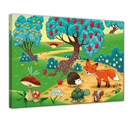 Bilderdepot24 Kunstdruck - Kinderbild Tiere im Wald - Bild auf Leinwand - 80x60 cm einteilig - Leinwandbilder - Bilder ALS Leinwanddruck - Wandbild Kinder - farbenfrohe Waldidylle mit Tieren - 1