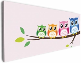 Wallario XXL Leinwandbild Eulenfamilie auf Einem AST, Comic Stil - 60 x 150 cm in Premium-Qualität: Brillante lichtechte Farben, Hochauflösend, verzugsfrei - 1